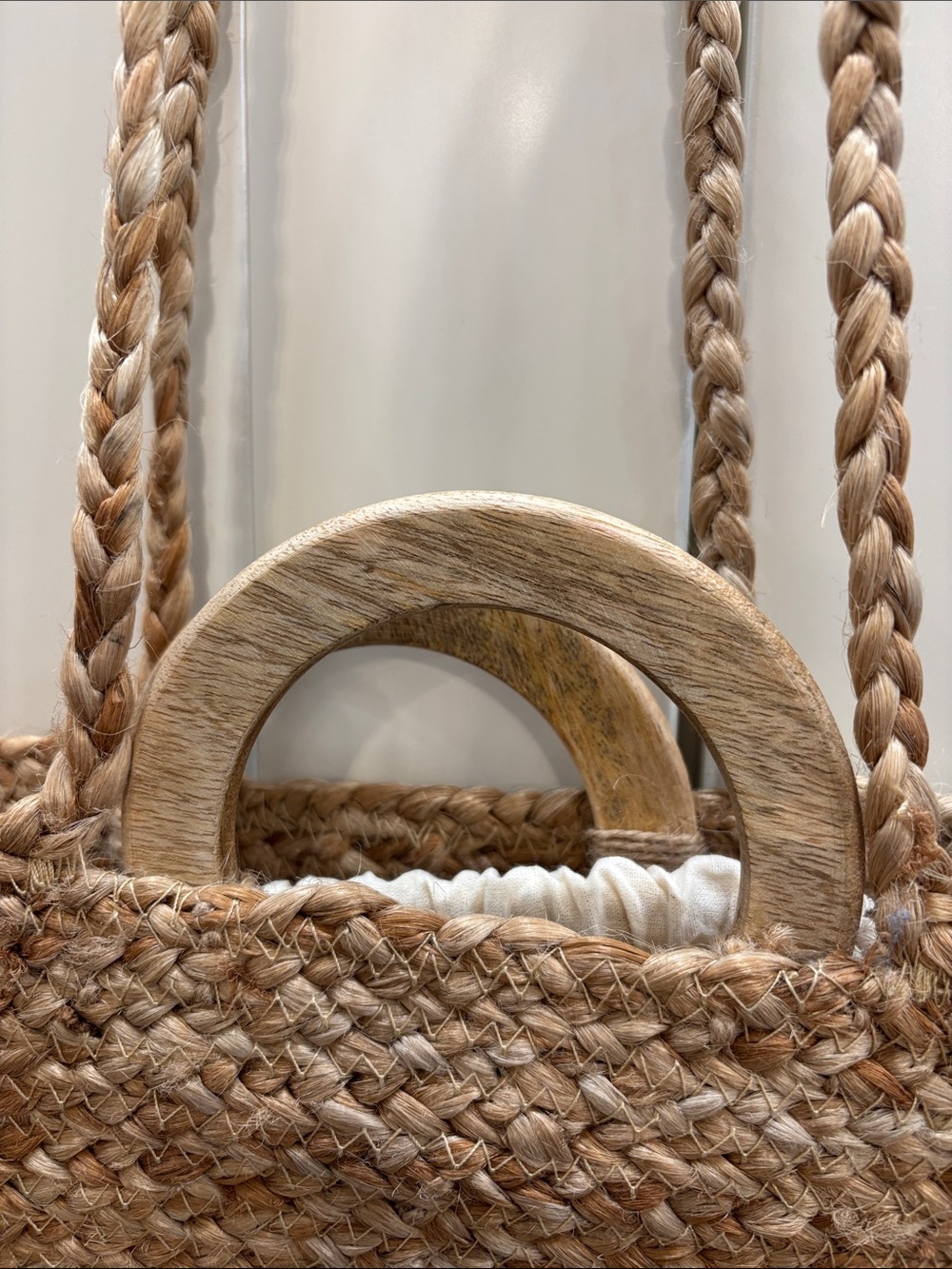 Woven Straw Tote Bag with Wooden Handle - Natural - Picture 2 of 7